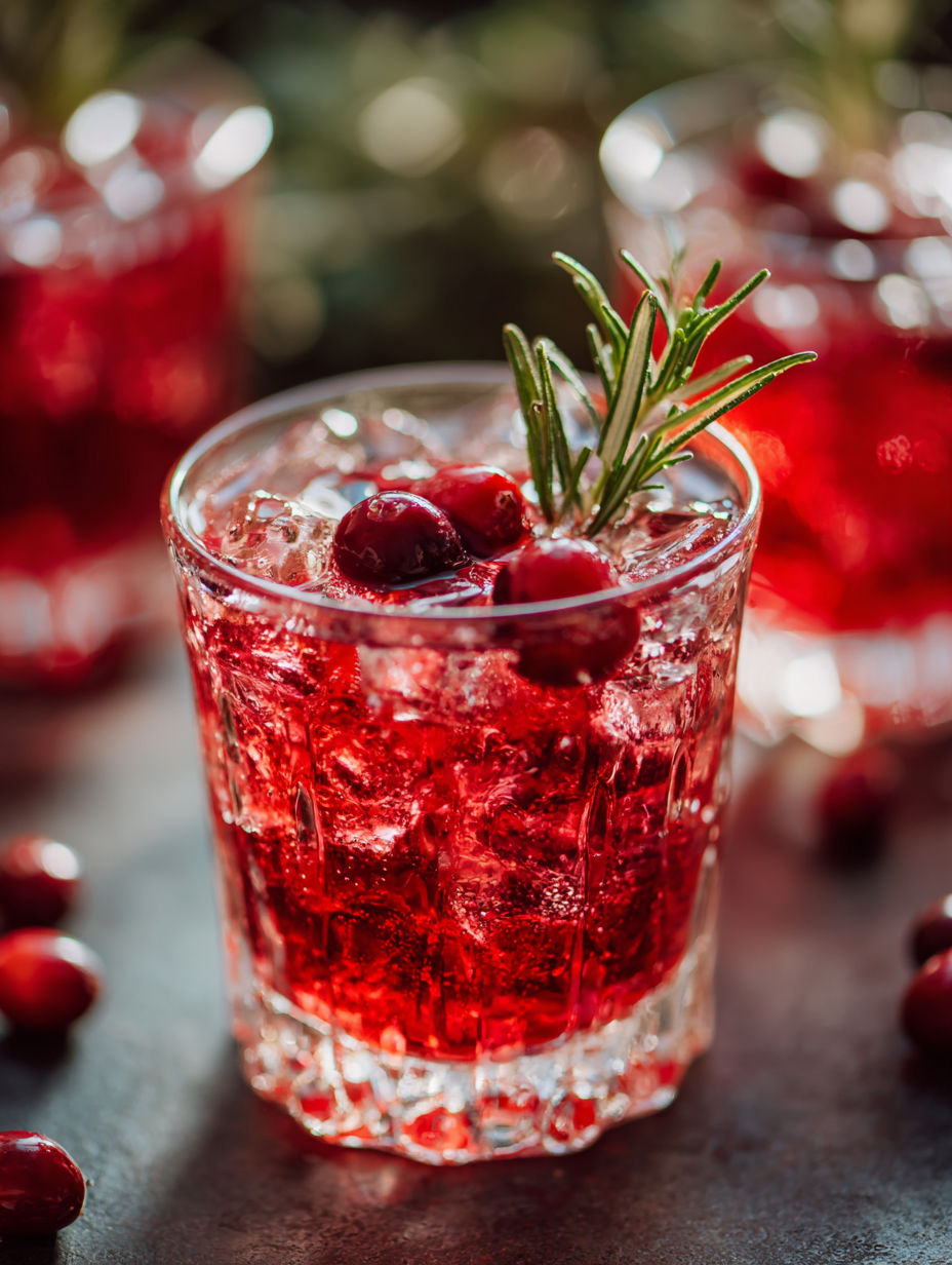 A glass of red liquid with a sprig of rosemary on top.