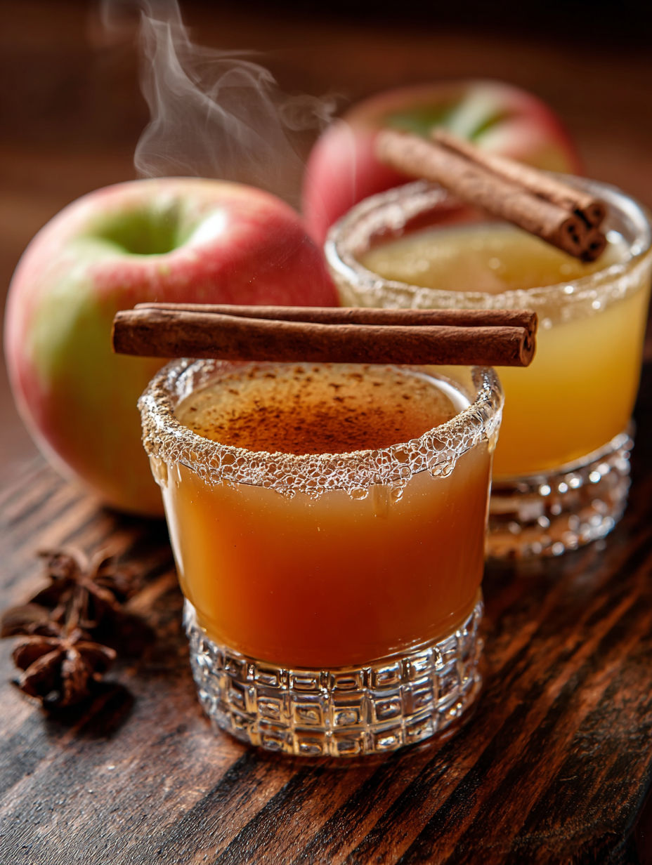 Two mini apple cider bourbon drinks with cinnamon sticks in them.