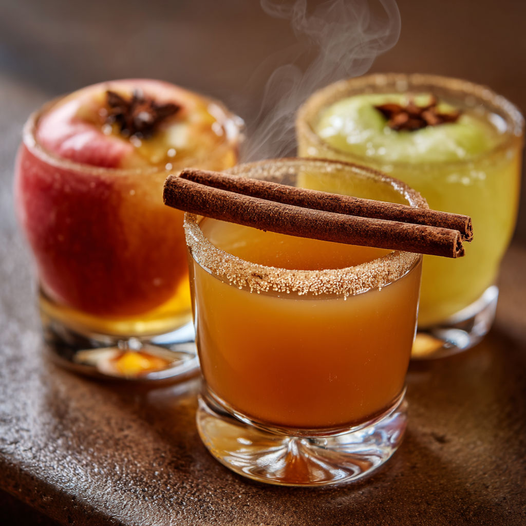 Three mini apple cider bourbon drinks with cinnamon on top.