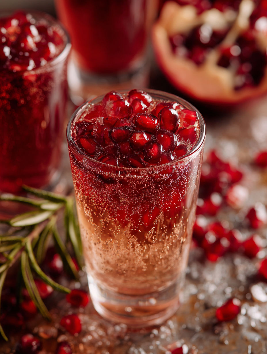 A glass of Mini Pomegranate Prosecco with a slice of pomegranate in it.