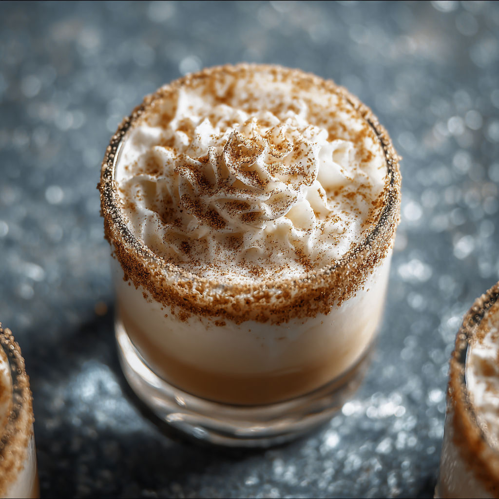 A glass of cream with a gingerbread topping.