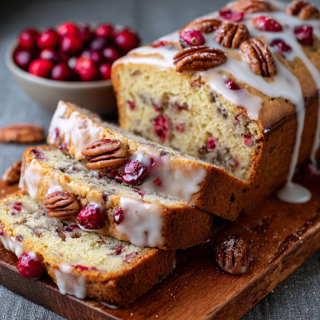 A slice of cinnamon cranberry nut loaf.