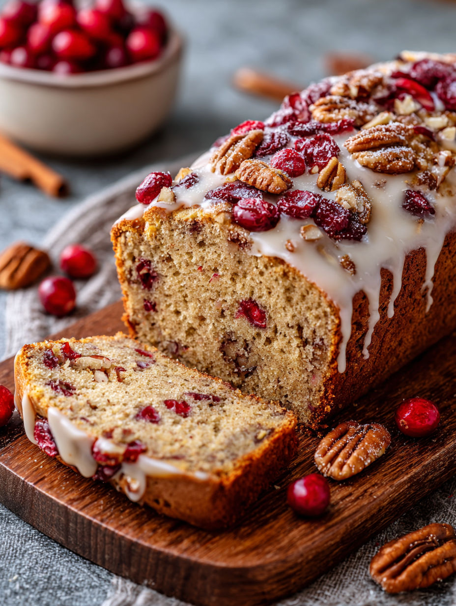 A slice of cinnamon cranberry nut loaf.