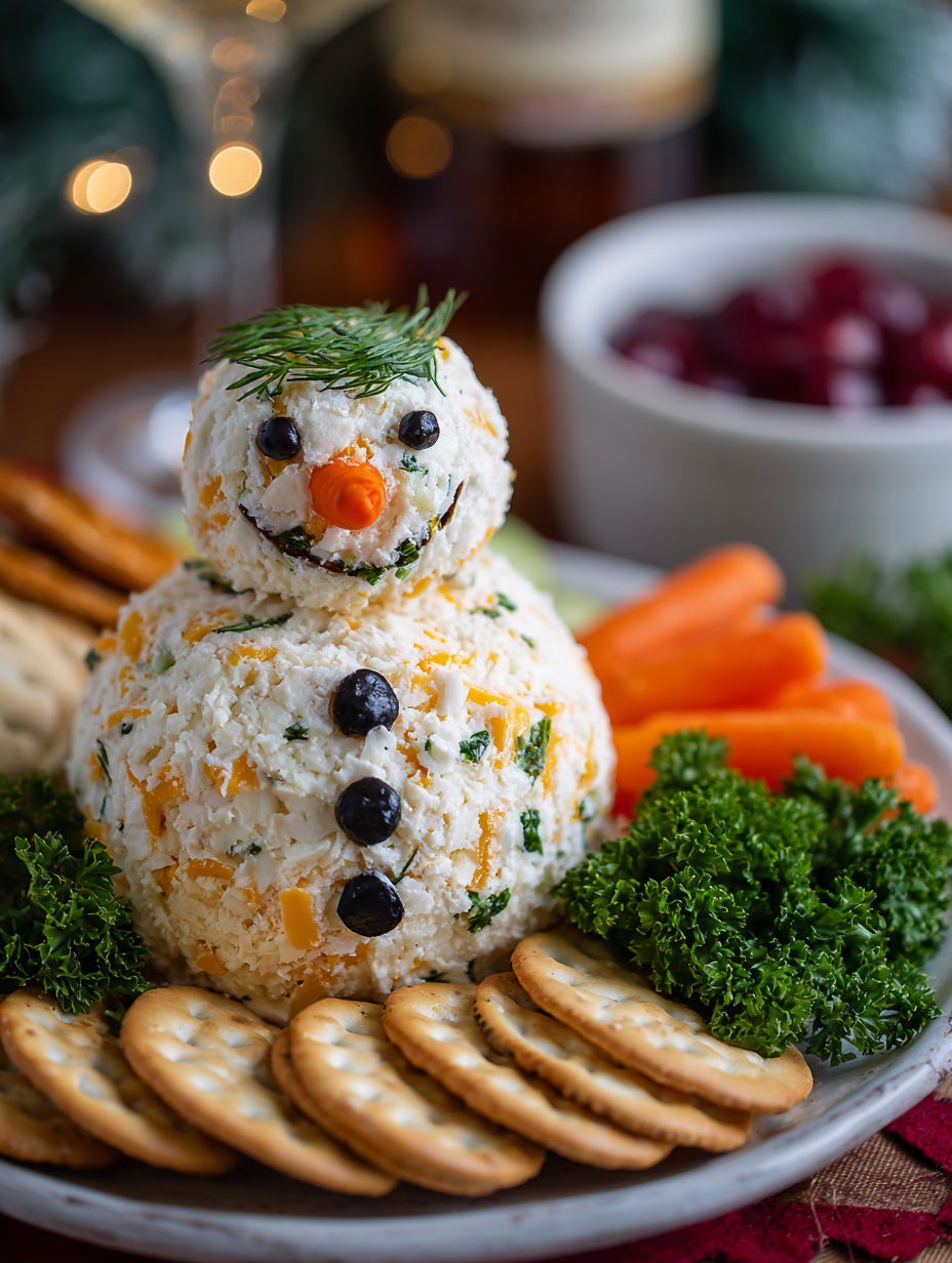A snowman made of cheese and crackers.