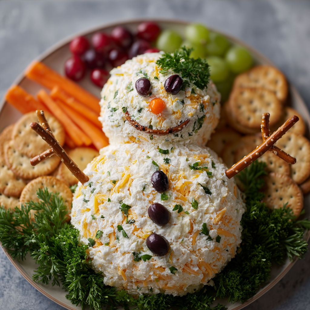 A snowman made of cheese and crackers.