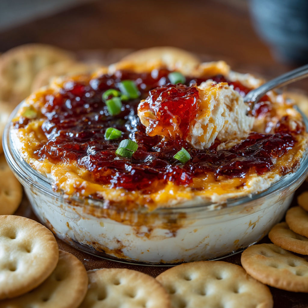 A bowl of pepper jelly cheese dip with crackers.