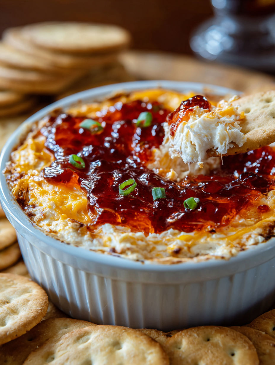 A bowl of pepper jelly cheese dip.