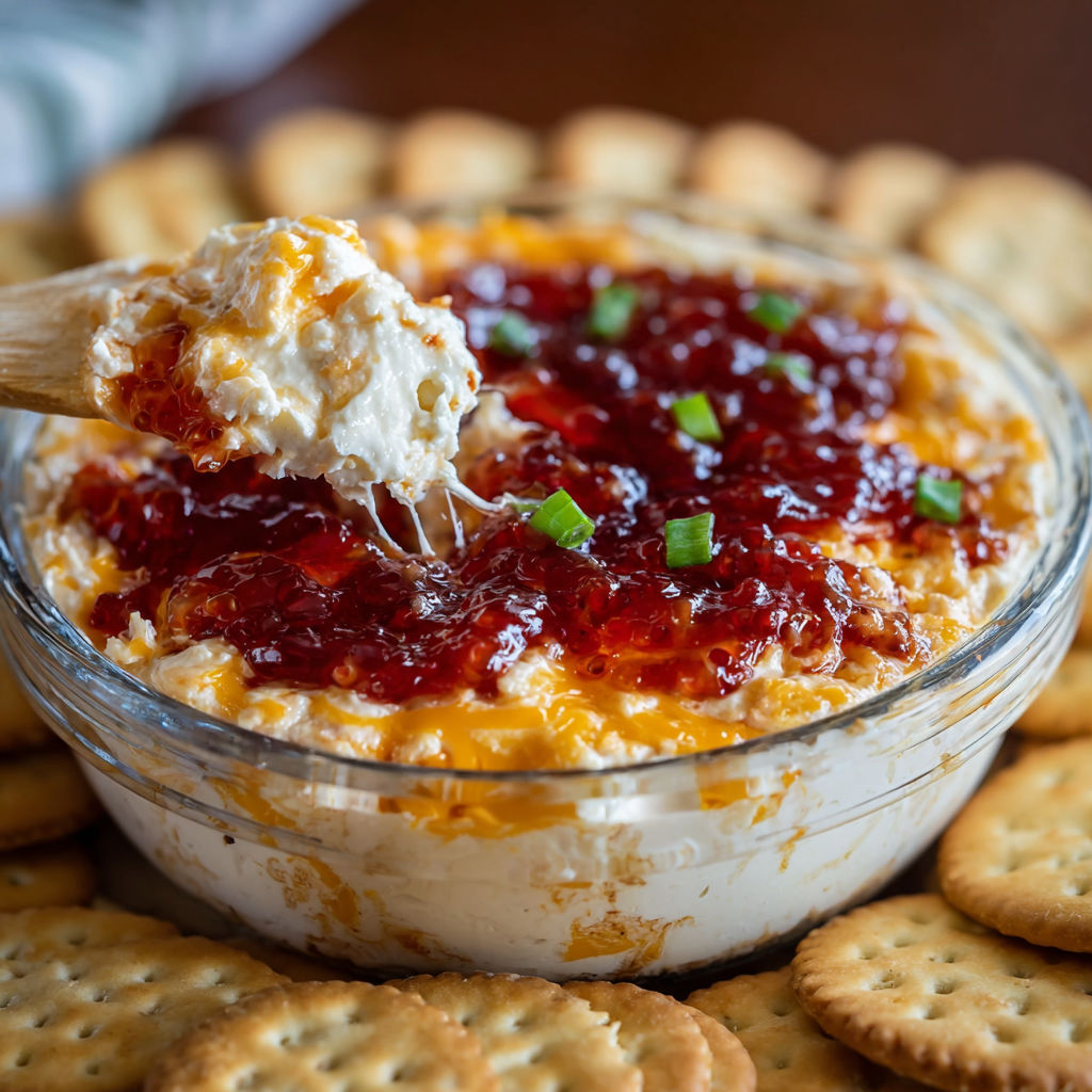 A bowl of pepper jelly cheese dip with a spoon in it.