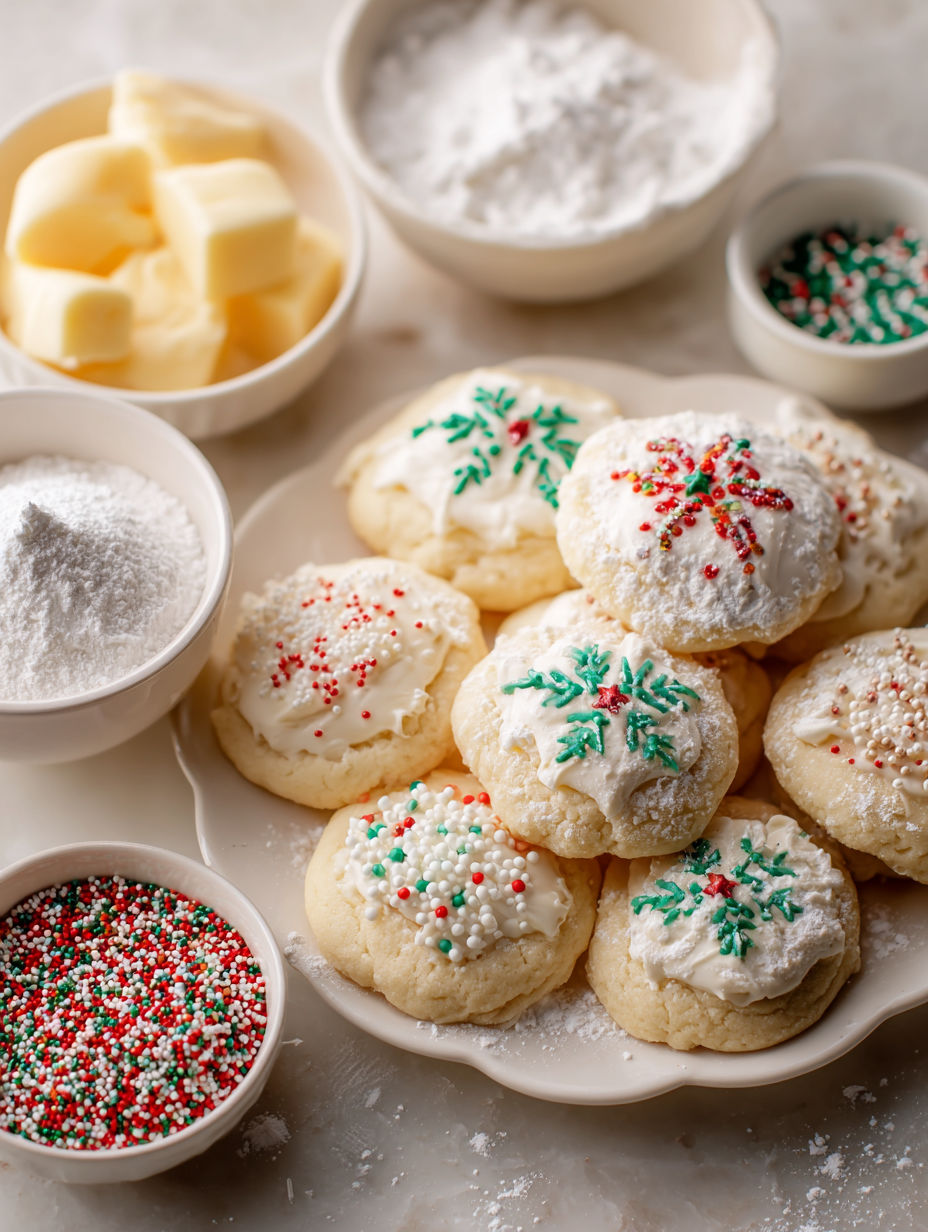 A plate of Christmas cookies with green and red sprinkles.