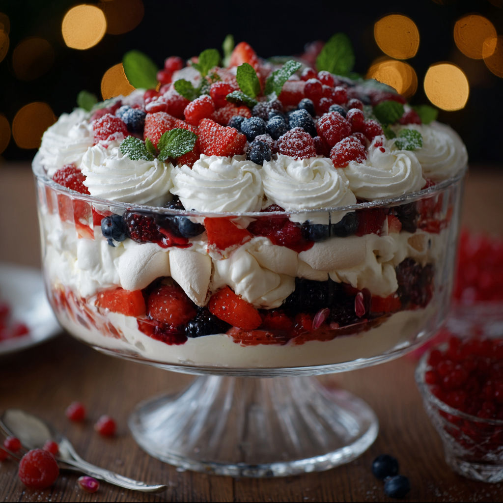 A Christmas Pavlova Trifle with berries and whipped cream.