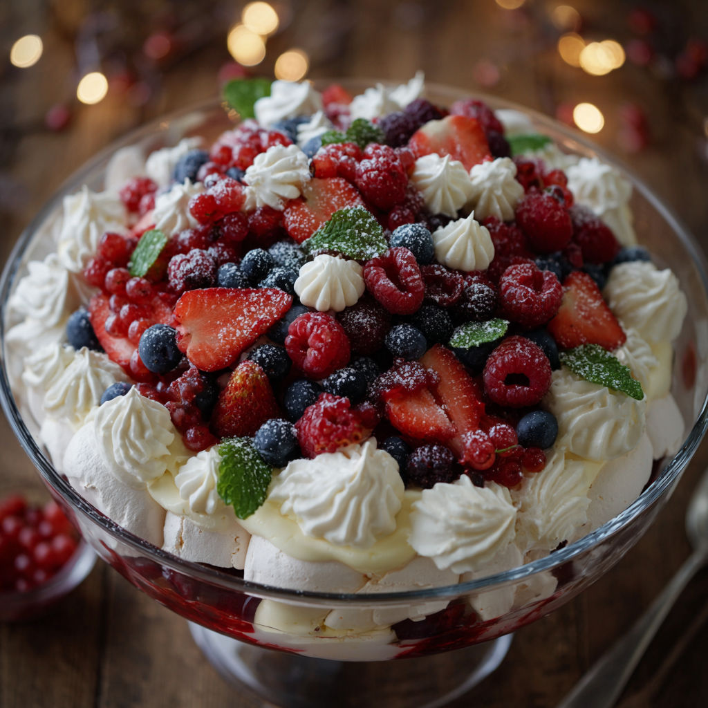 A Christmas Pavlova Trifle with berries and whipped cream.