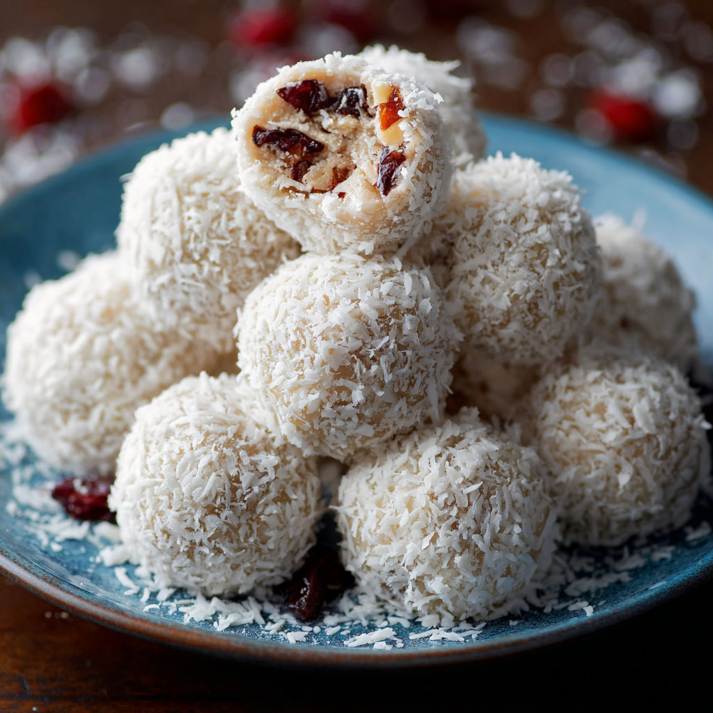 A plate of white Christmas rum balls.