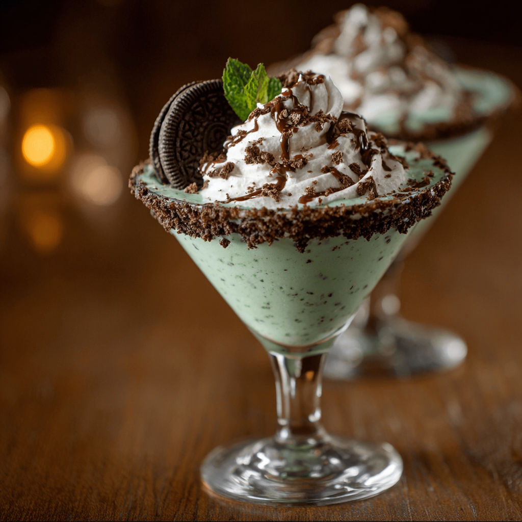 A glass of creamy thin mint cookie martini delight.