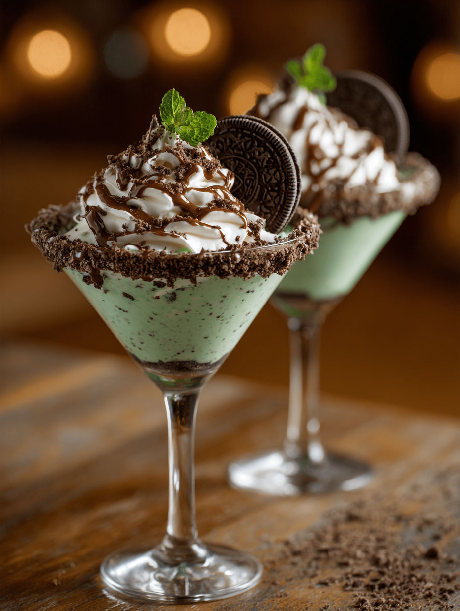 Two martini glasses filled with creamy thin mint cookie martini delight.