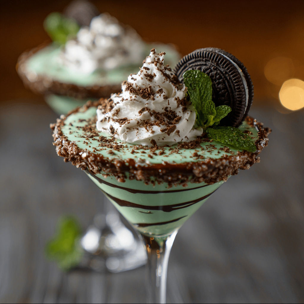 A martini glass with a cookie and mint garnish.