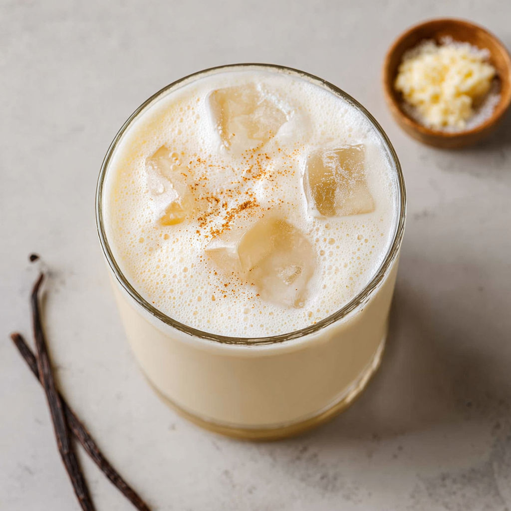 A glass of buttered vanilla cream mocktail with ice.