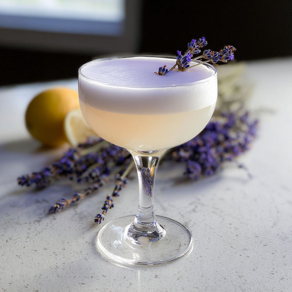 A glass of lavender gin sour cocktail.