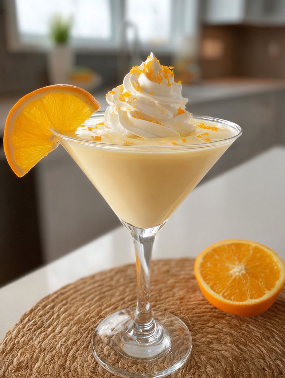 A glass of orange creamsicle martini cocktail.