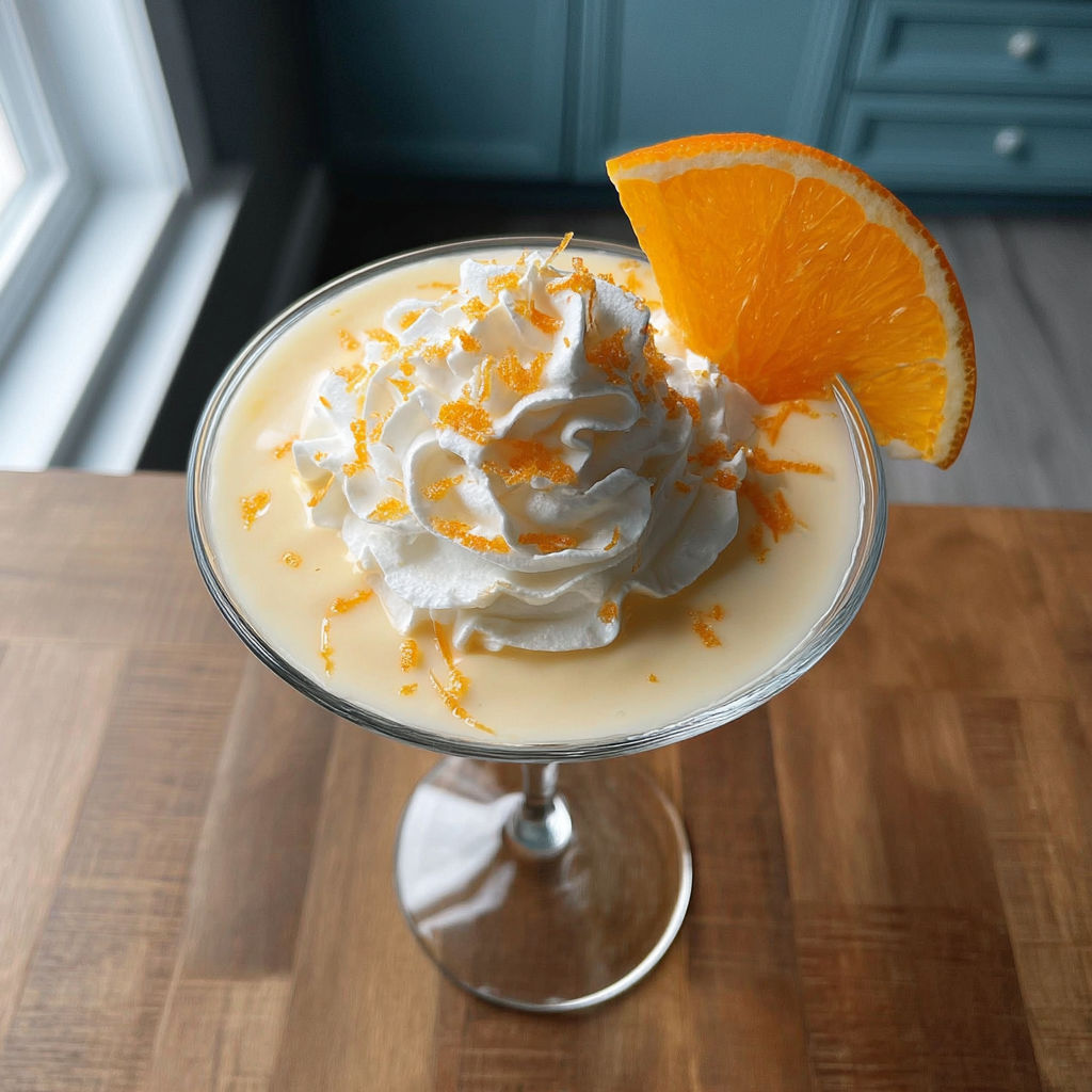 A martini glass with orange creamsicle flavored drink.