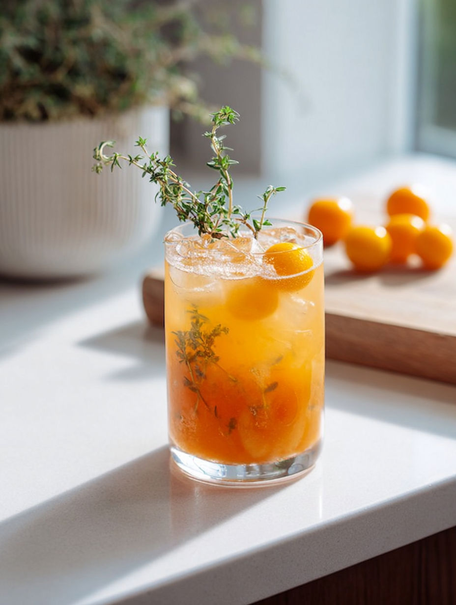A glass of a sour drink with a sprig of thyme on top.