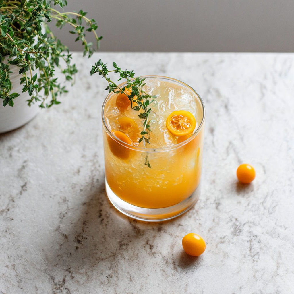 A glass of orange juice with a sprig of thyme and a slice of kumquat.