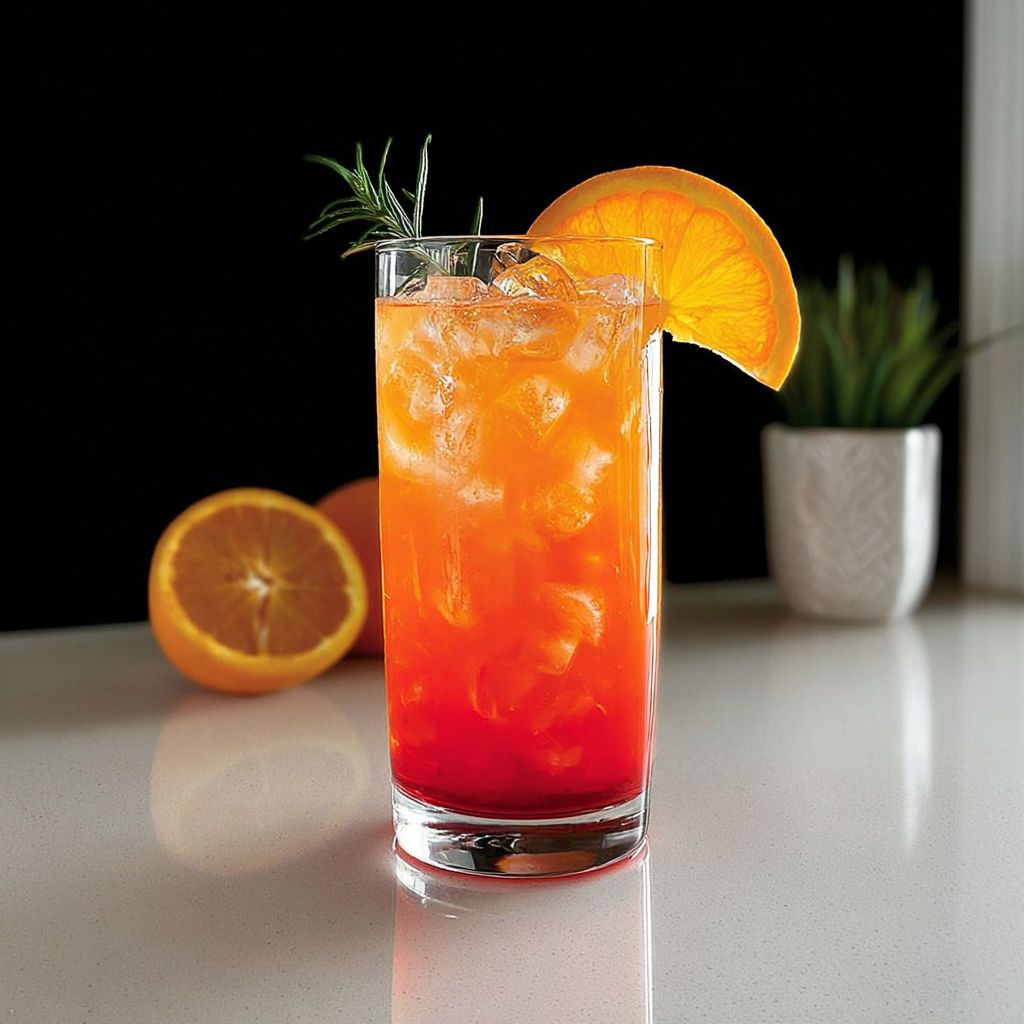 A glass of orange fizz with a slice of orange on the side.