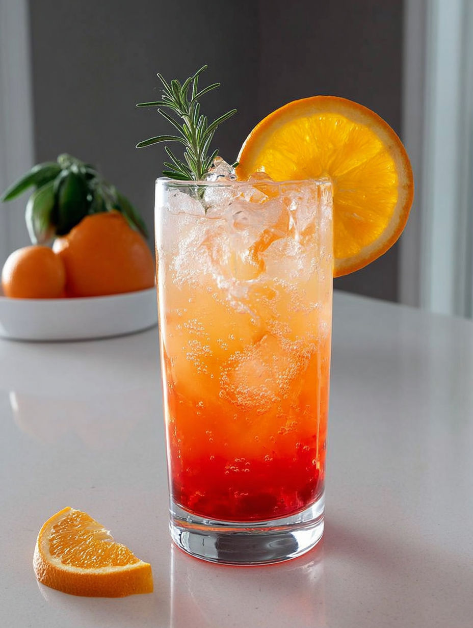 A glass of orange fizz with a slice of orange on the side.