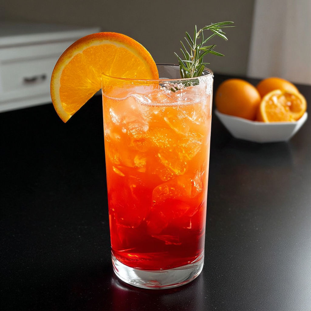 A glass of orange fizz with a slice of orange on top.