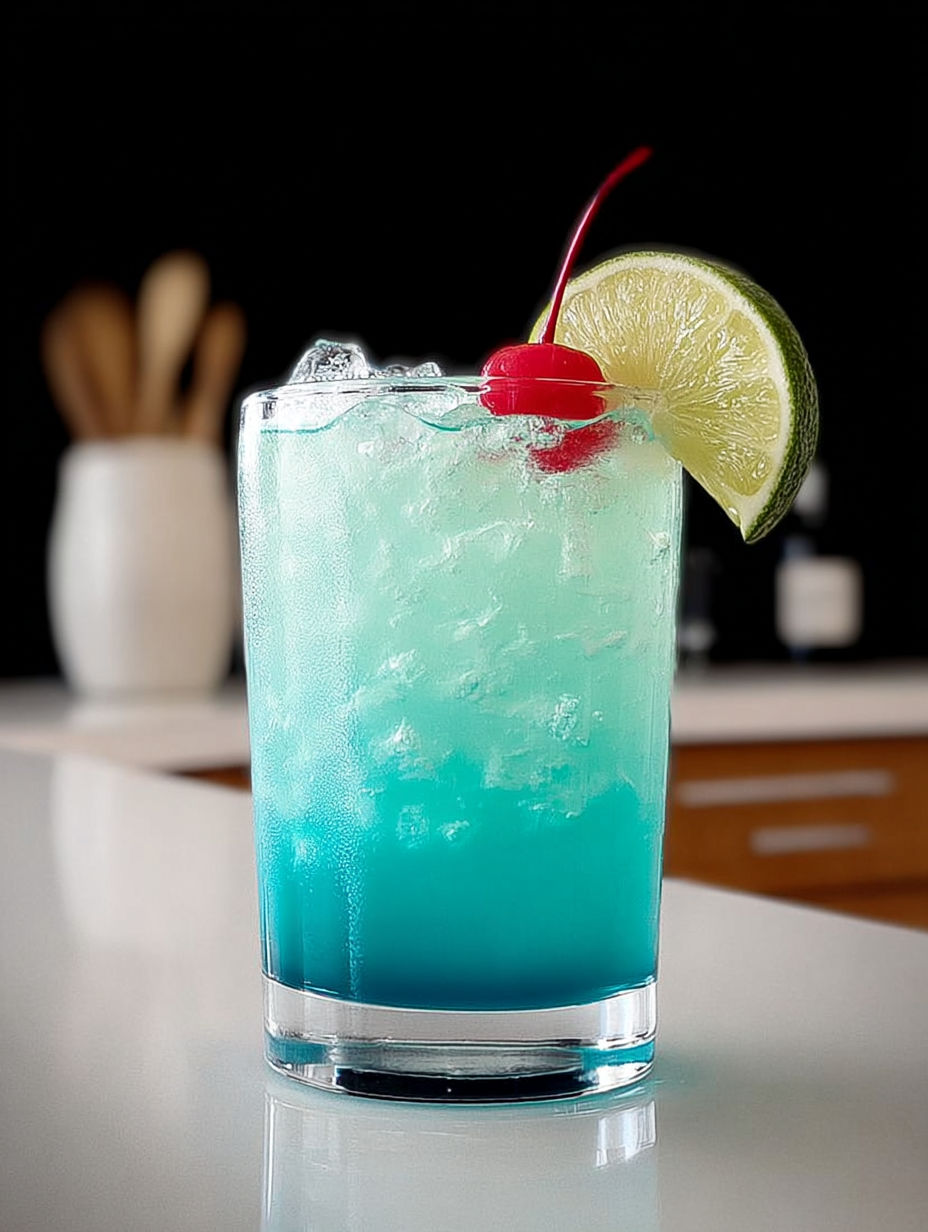 A Baja Blast cocktail with a cherry and lime garnish.