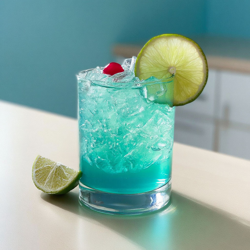 A Baja Blast cocktail with a slice of lime and a cherry on top.
