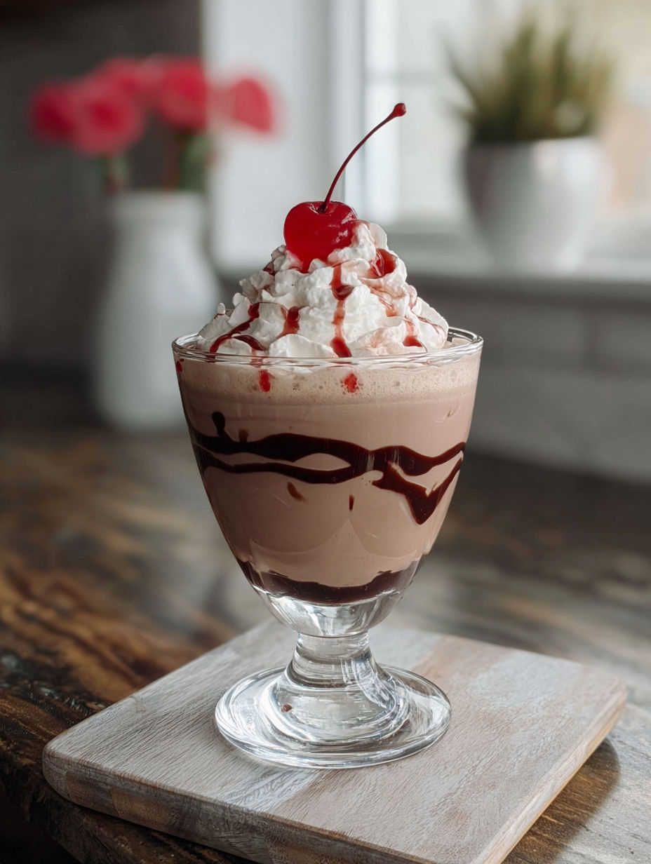 A glass of chocolate and cherry cocktail.