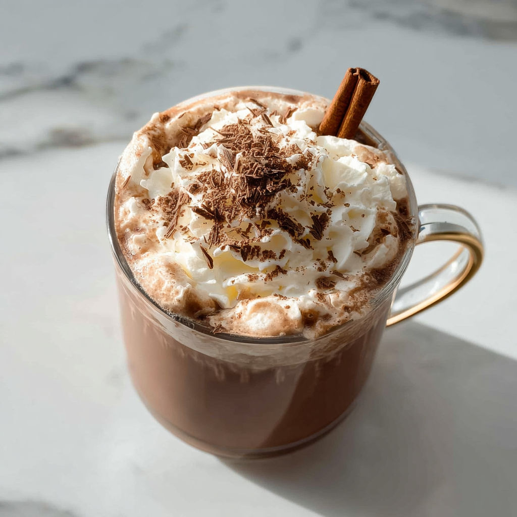 A cup of bourbon hot chocolate cocktail.