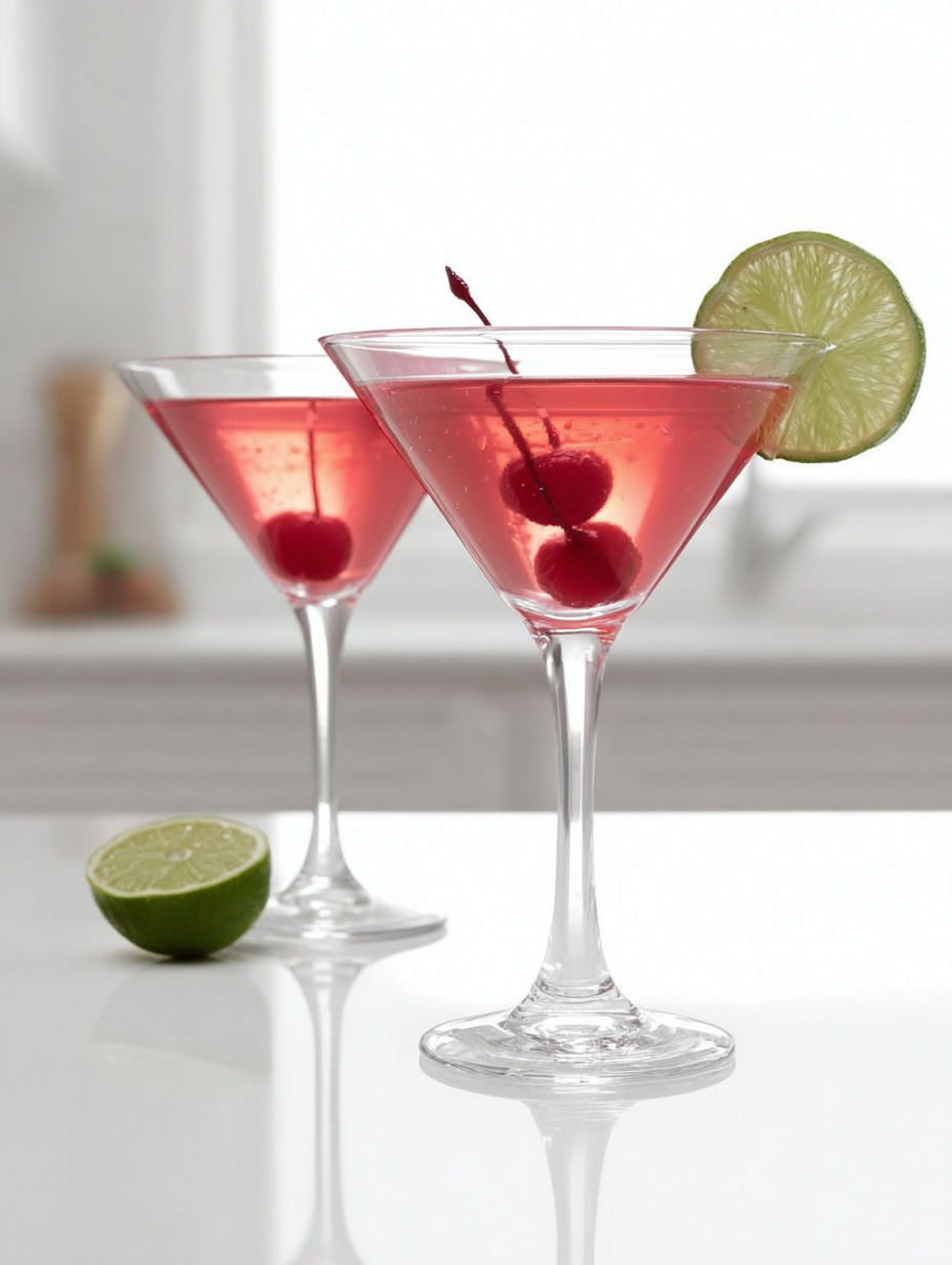 Two glasses of cherry cosmopolitan cocktails.