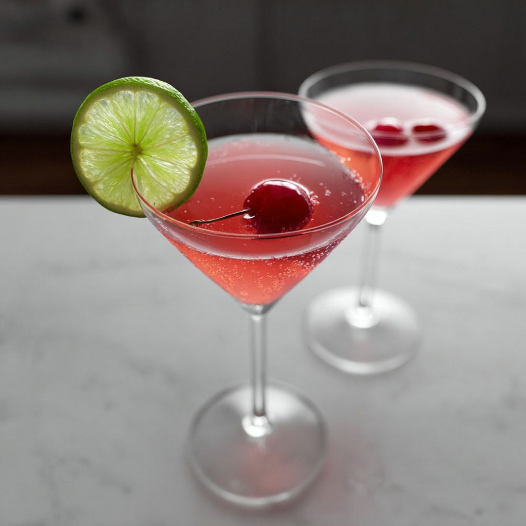 Two martini glasses filled with a cherry cosmo cocktail.