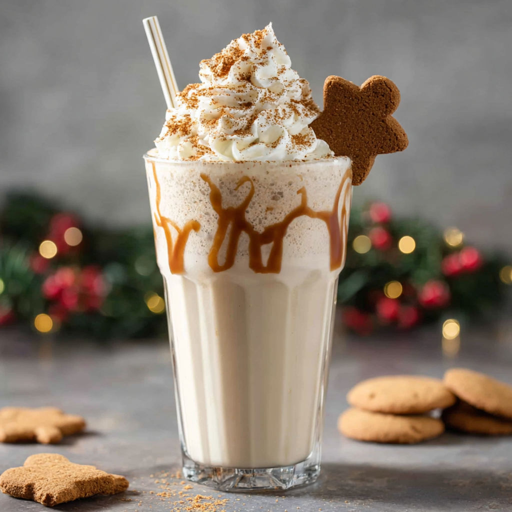 A glass of milkshake with gingerbread cookies.