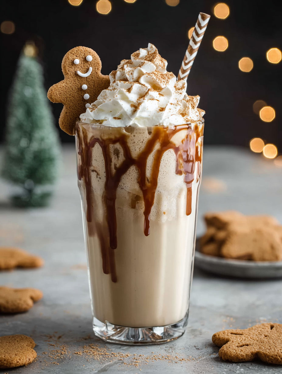 A glass of milkshake with a gingerbread cookie on top.