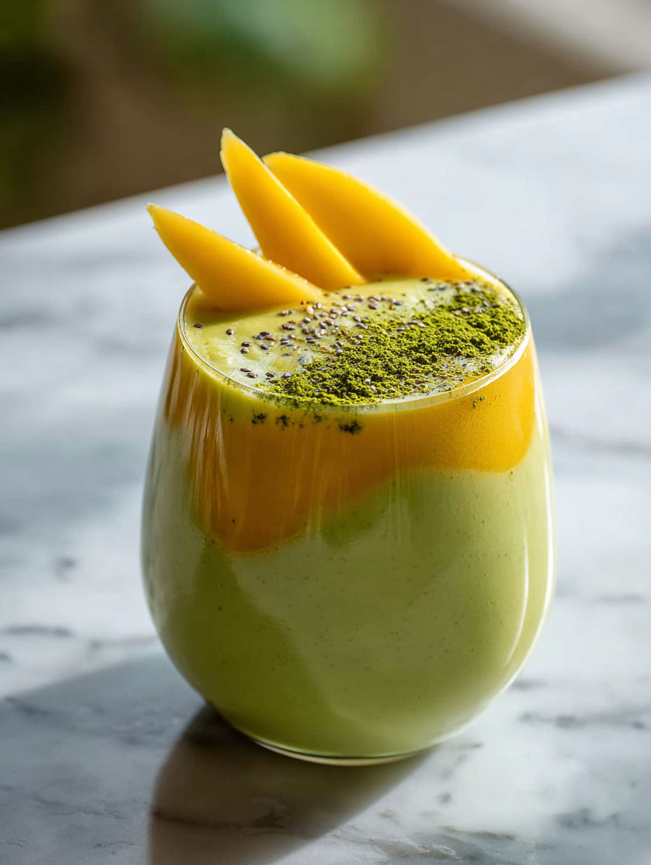 A glass of green smoothie with a slice of mango on top.
