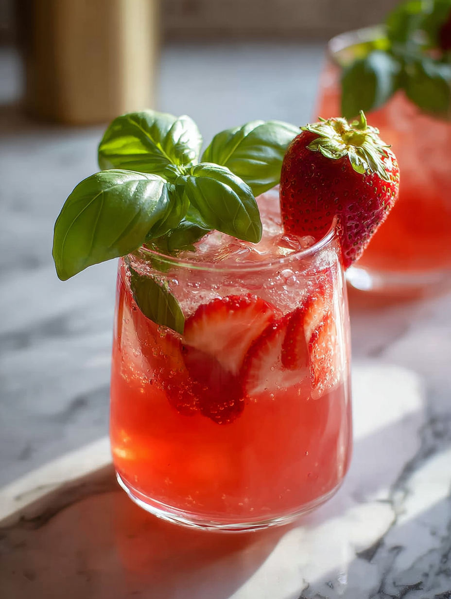 A glass of strawberry basil lemonade.