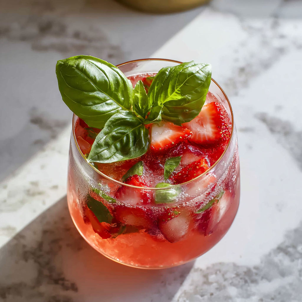 A glass of strawberry basil lemonade.