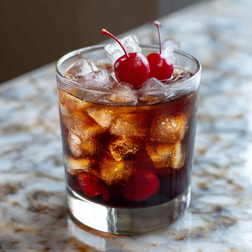 A glass of bourbon cherry cola cocktail.