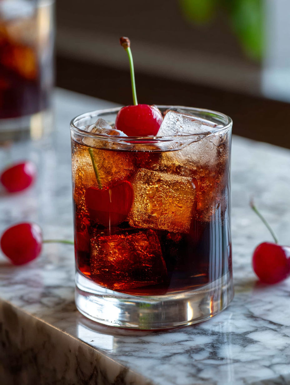 A glass of bourbon cherry cola cocktail.