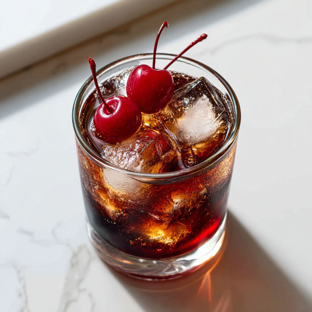 A glass of cherry cola cocktail.