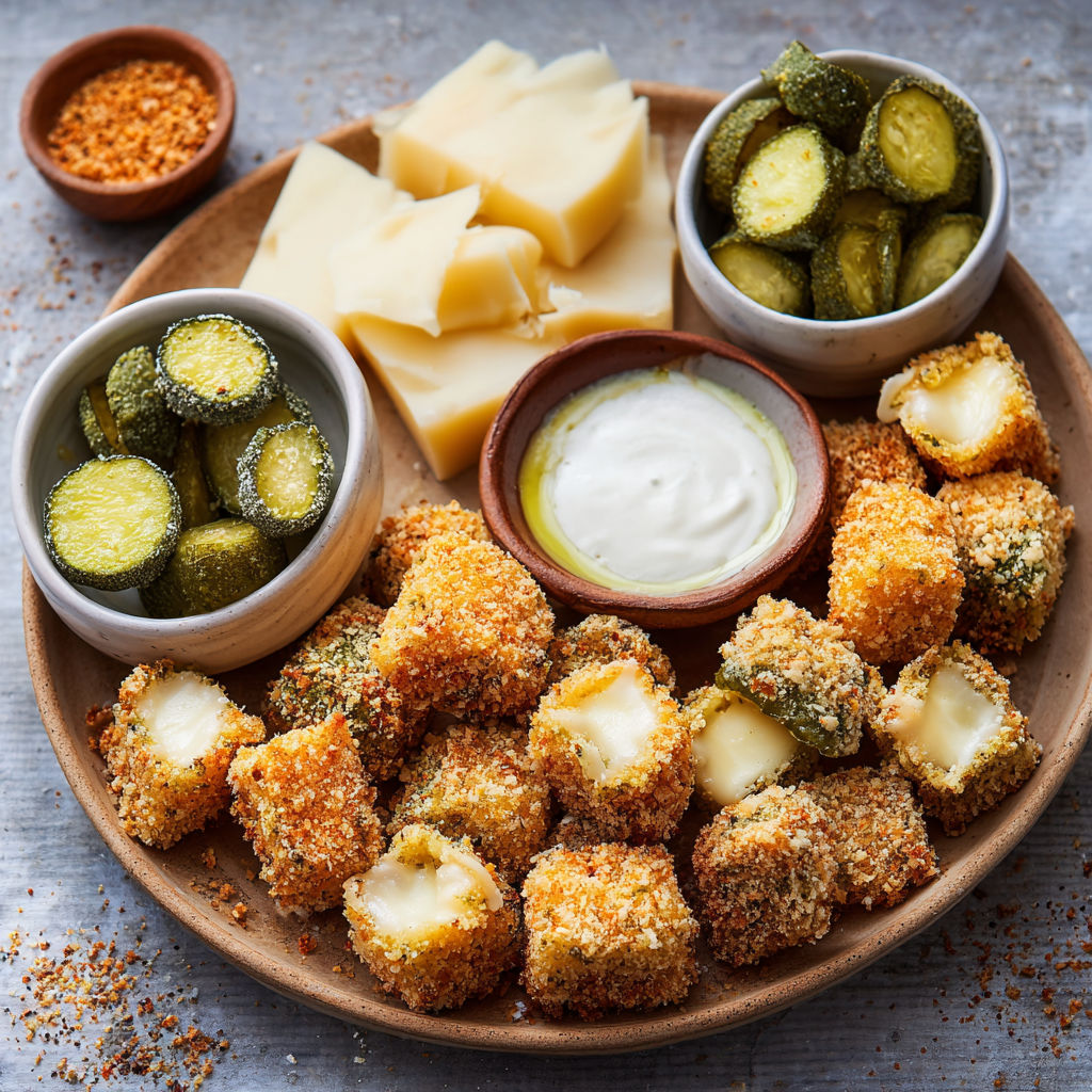 A plate of crispy pickle cheese bites.