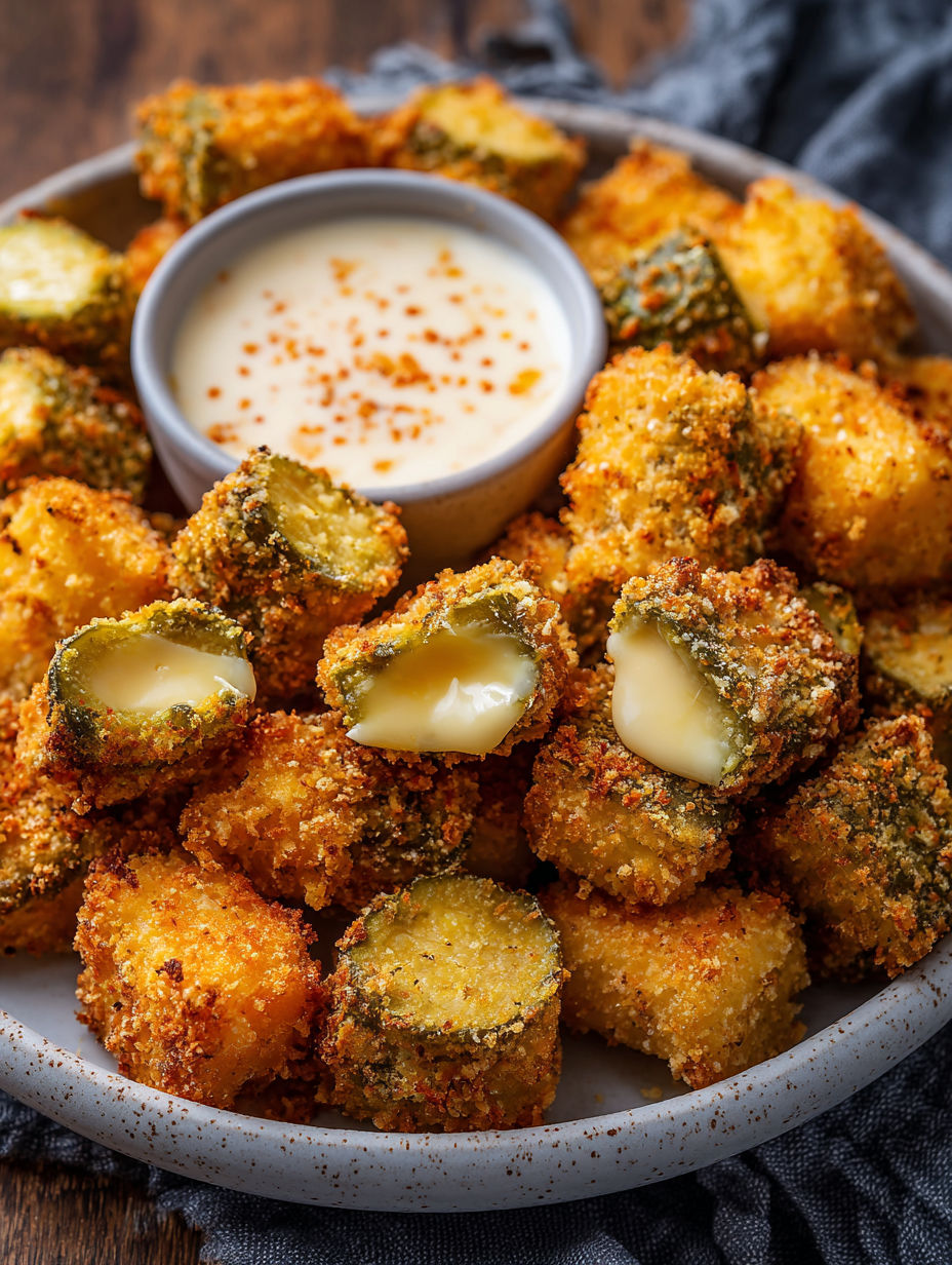 A bowl of crispy pickle cheese bites.
