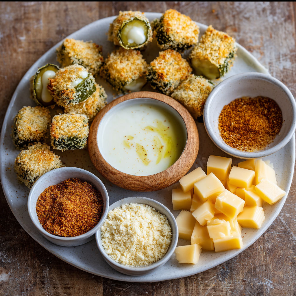 A plate of crispy pickle cheese bites.