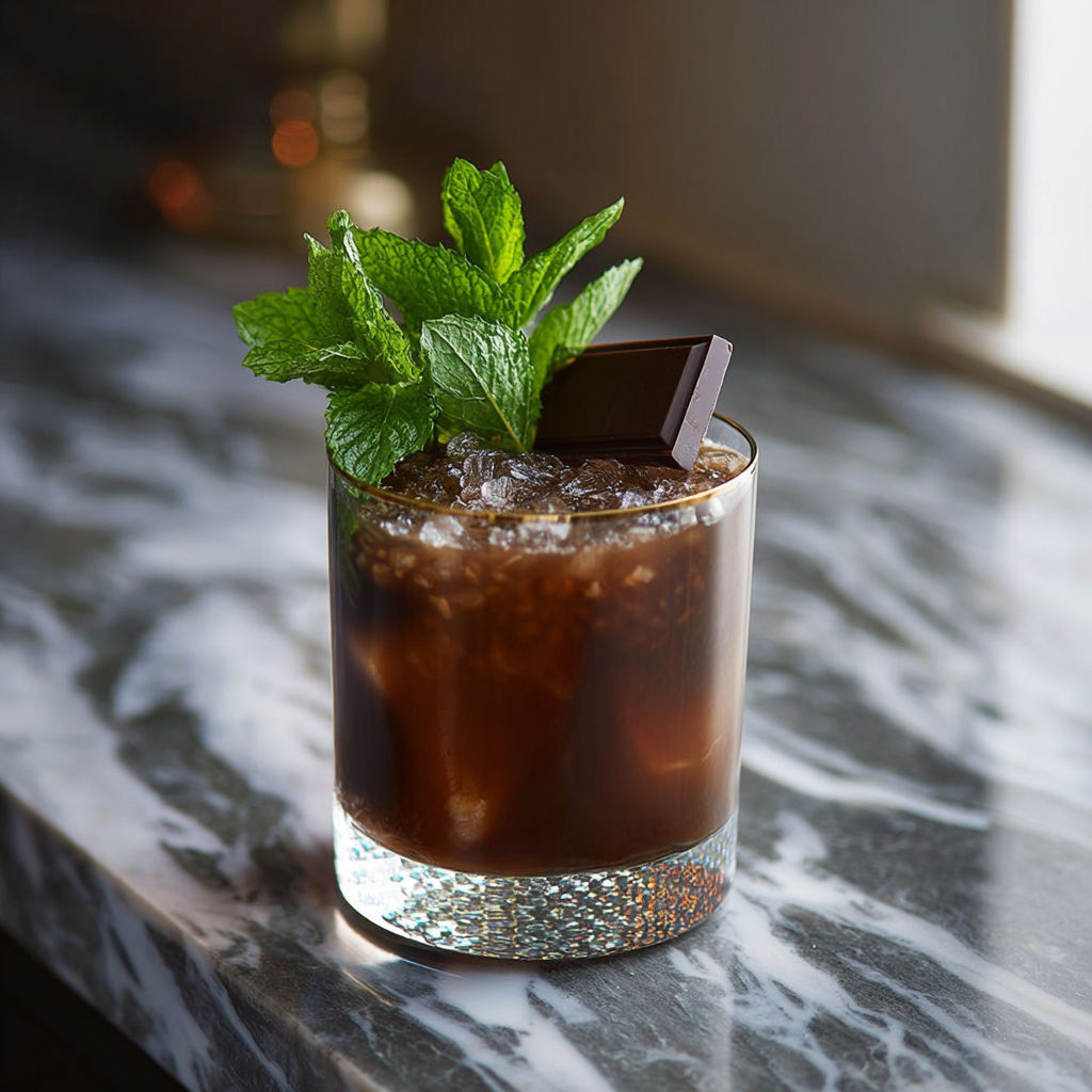 A glass of bourbon chocolate mint cocktail.