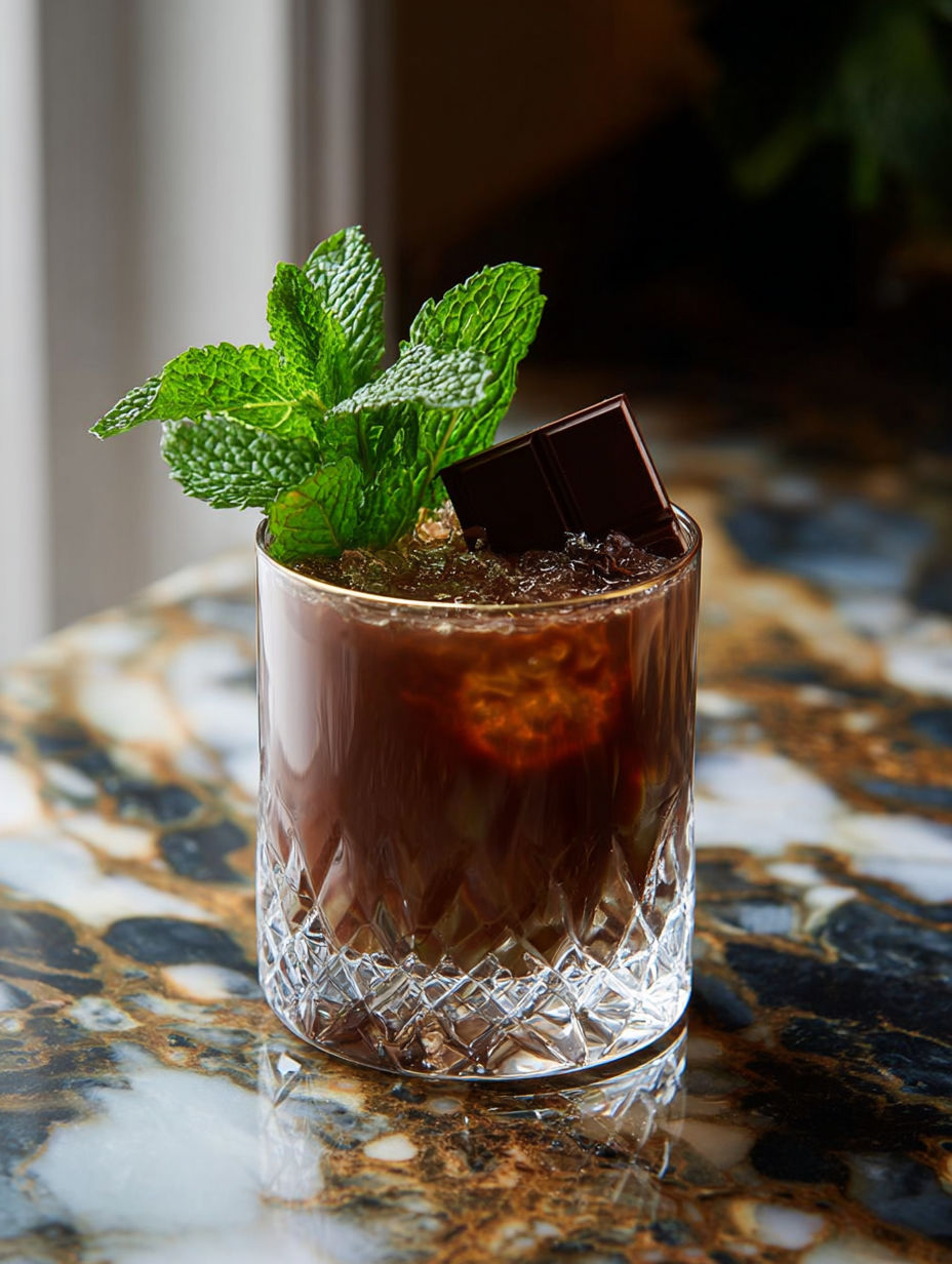 A glass of bourbon chocolate mint cocktail.
