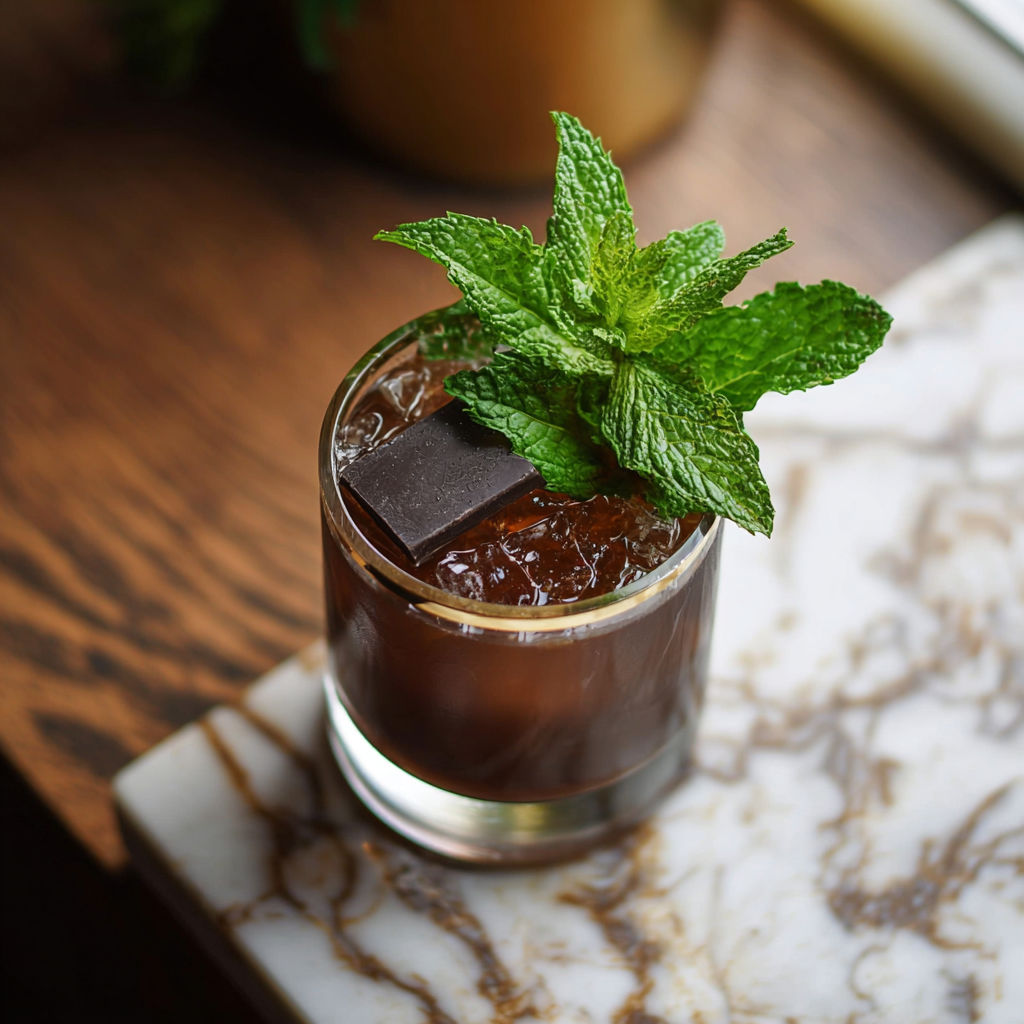 A glass of bourbon chocolate mint cocktail with a sprig of mint on top.