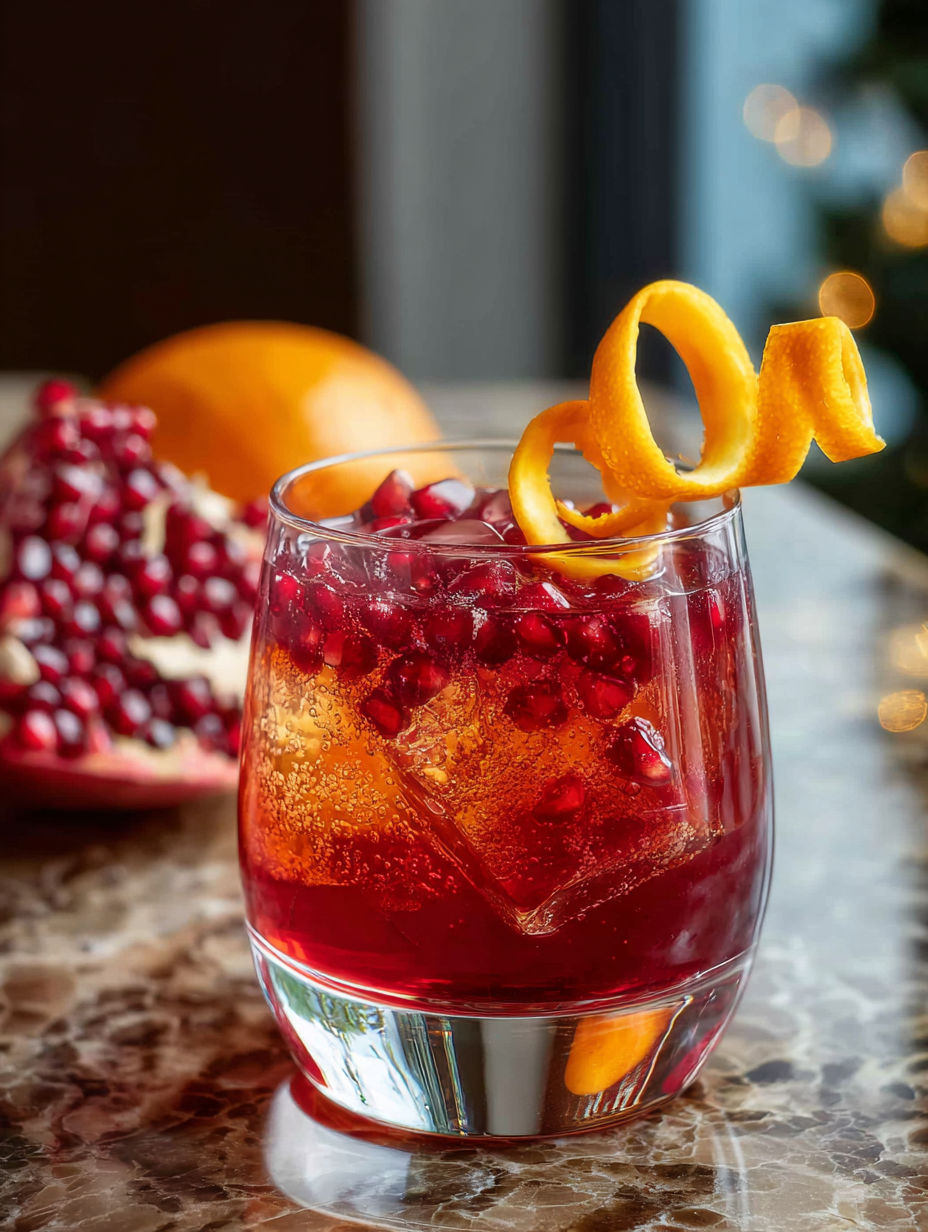 A glass of pomegranate bourbon spritz cocktail.