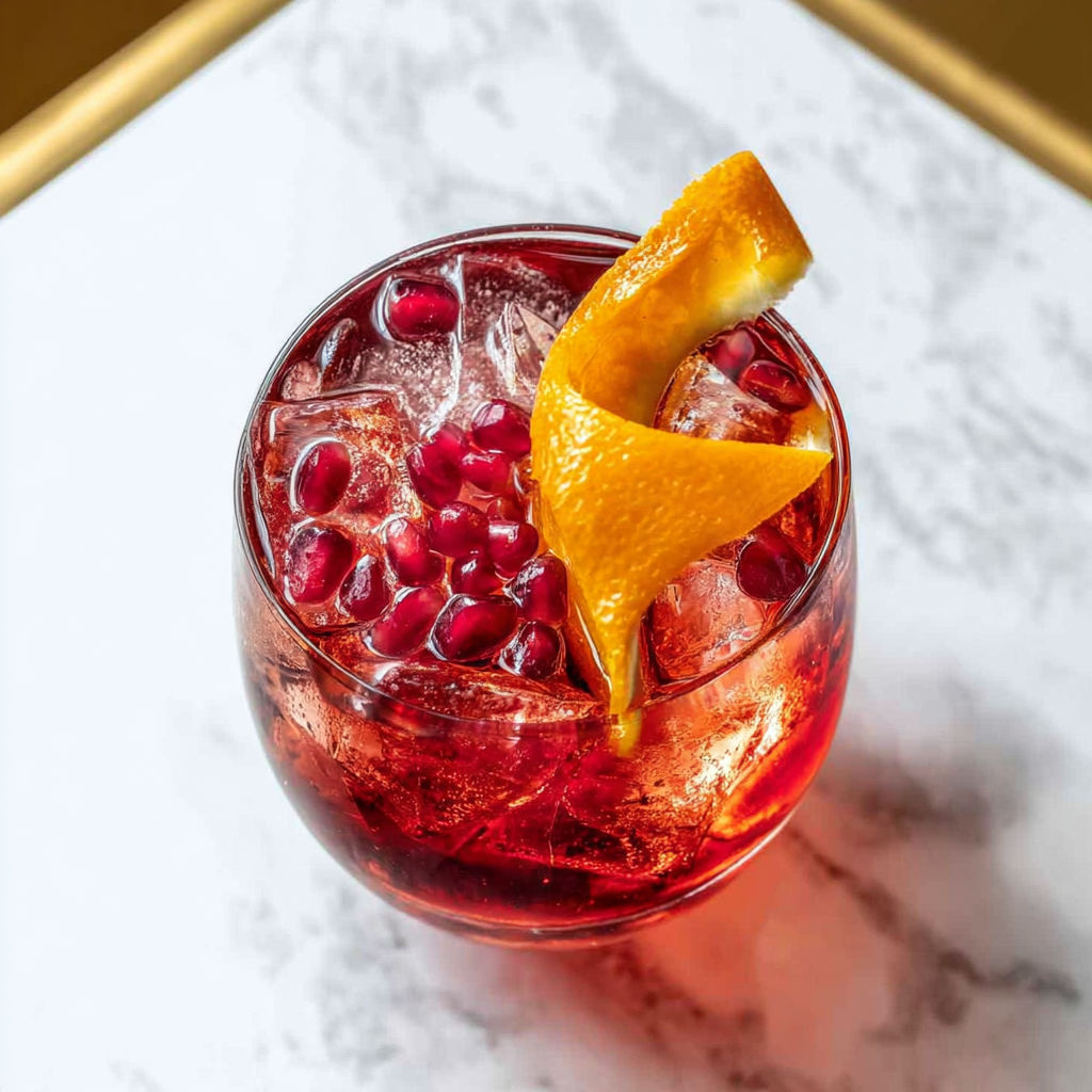 A glass of Pomegranate Bourbon Spritz Cocktail with a slice of orange on top.